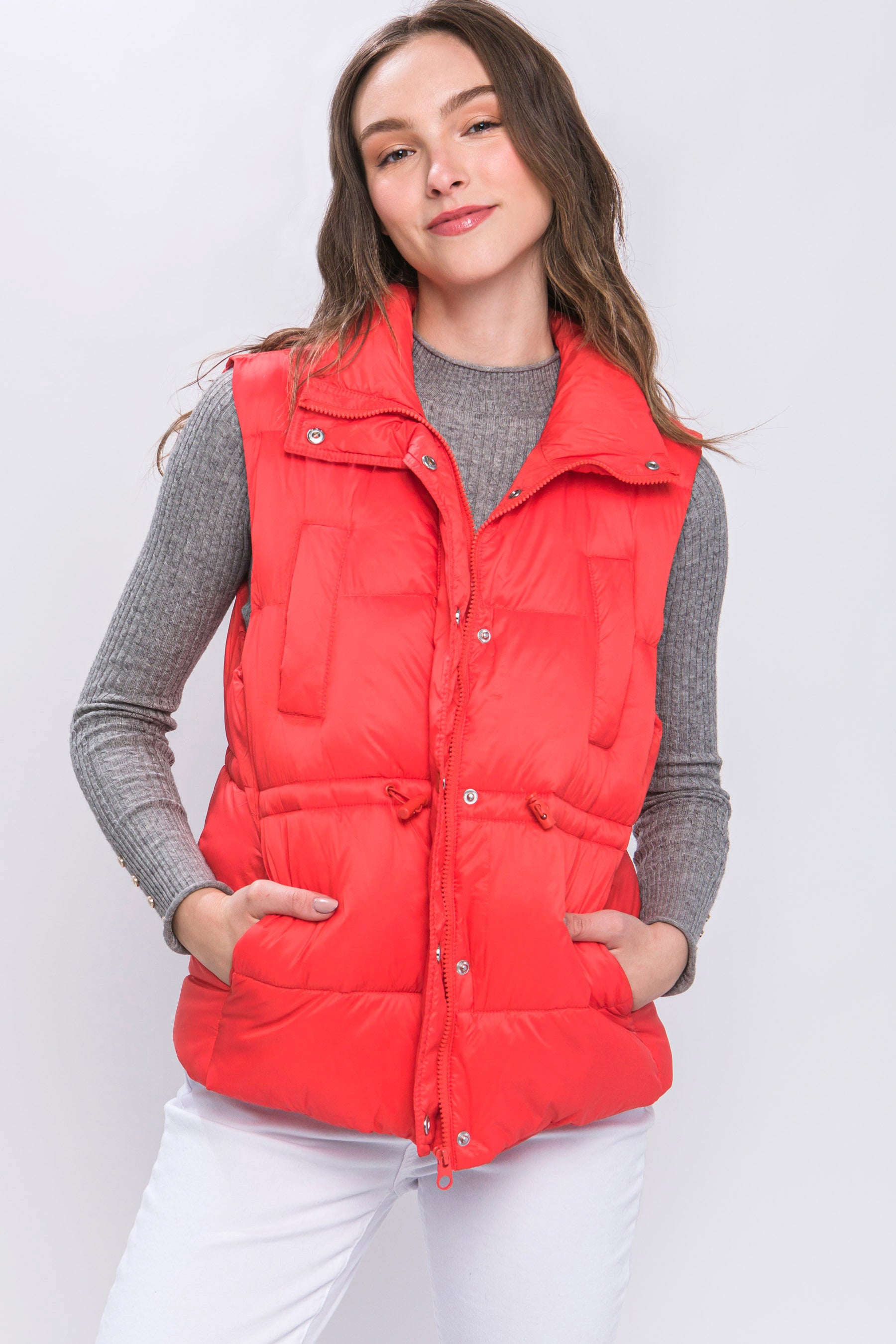 Tomato Zip Up Button Puffer Vest With Waist Toggles - Katherine Jean