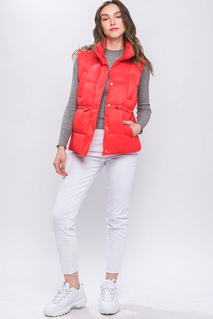 Tomato Zip Up Button Puffer Vest With Waist Toggles - Katherine Jean