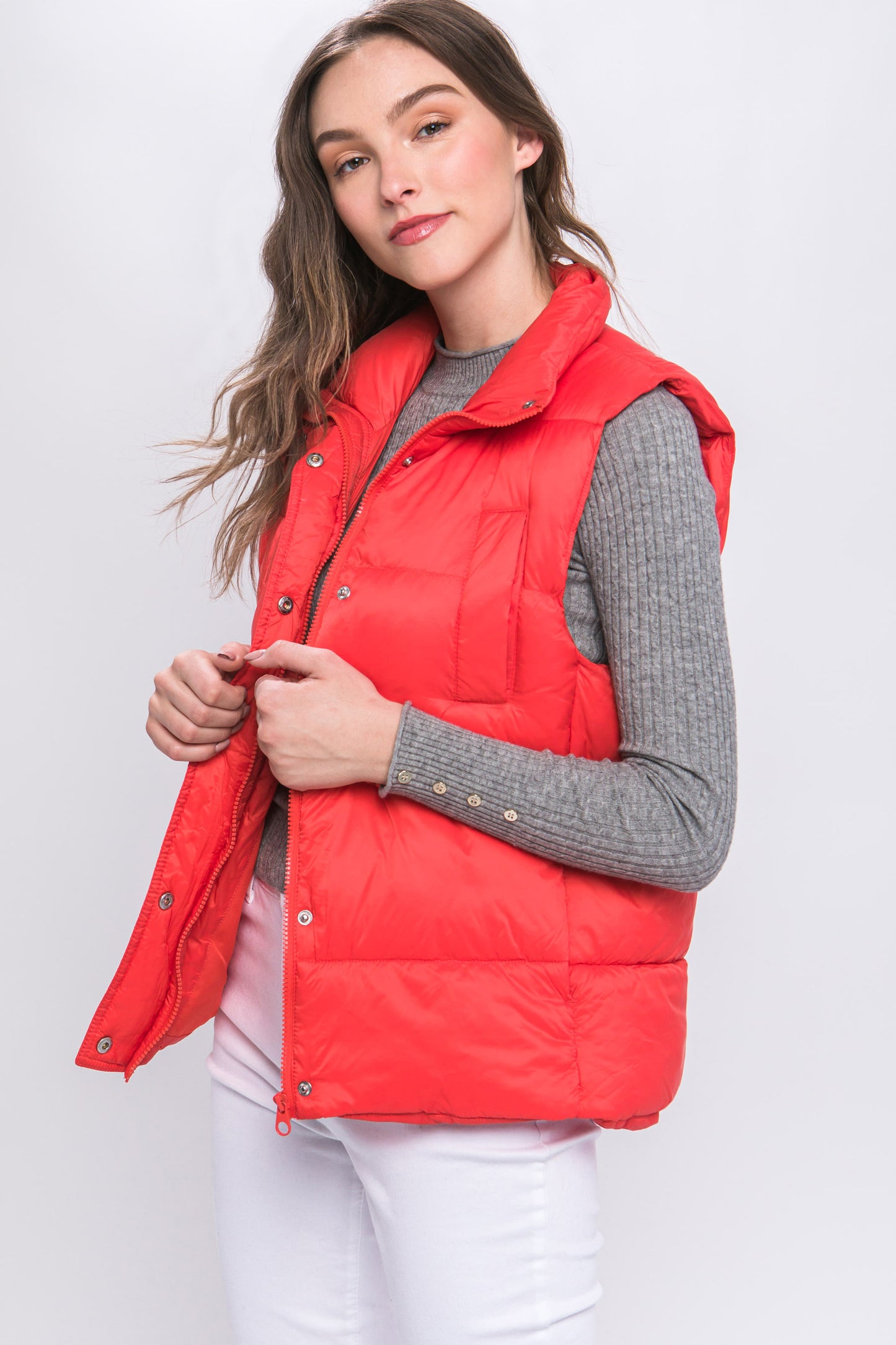 Tomato Zip Up Button Puffer Vest With Waist Toggles - Katherine Jean