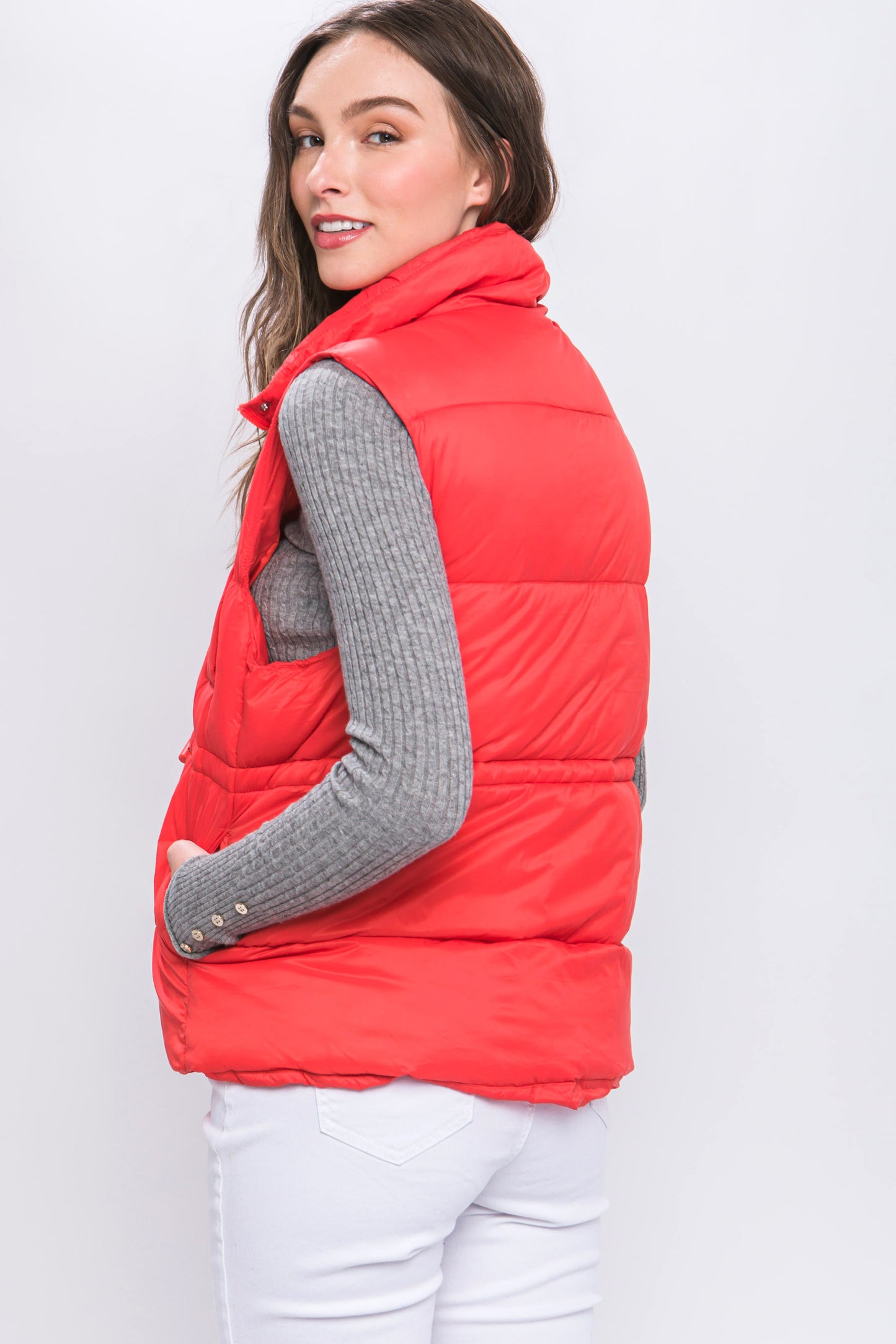 Tomato Zip Up Button Puffer Vest With Waist Toggles - Katherine Jean