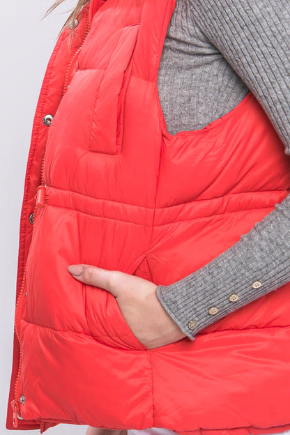 Tomato Zip Up Button Puffer Vest With Waist Toggles - Katherine Jean