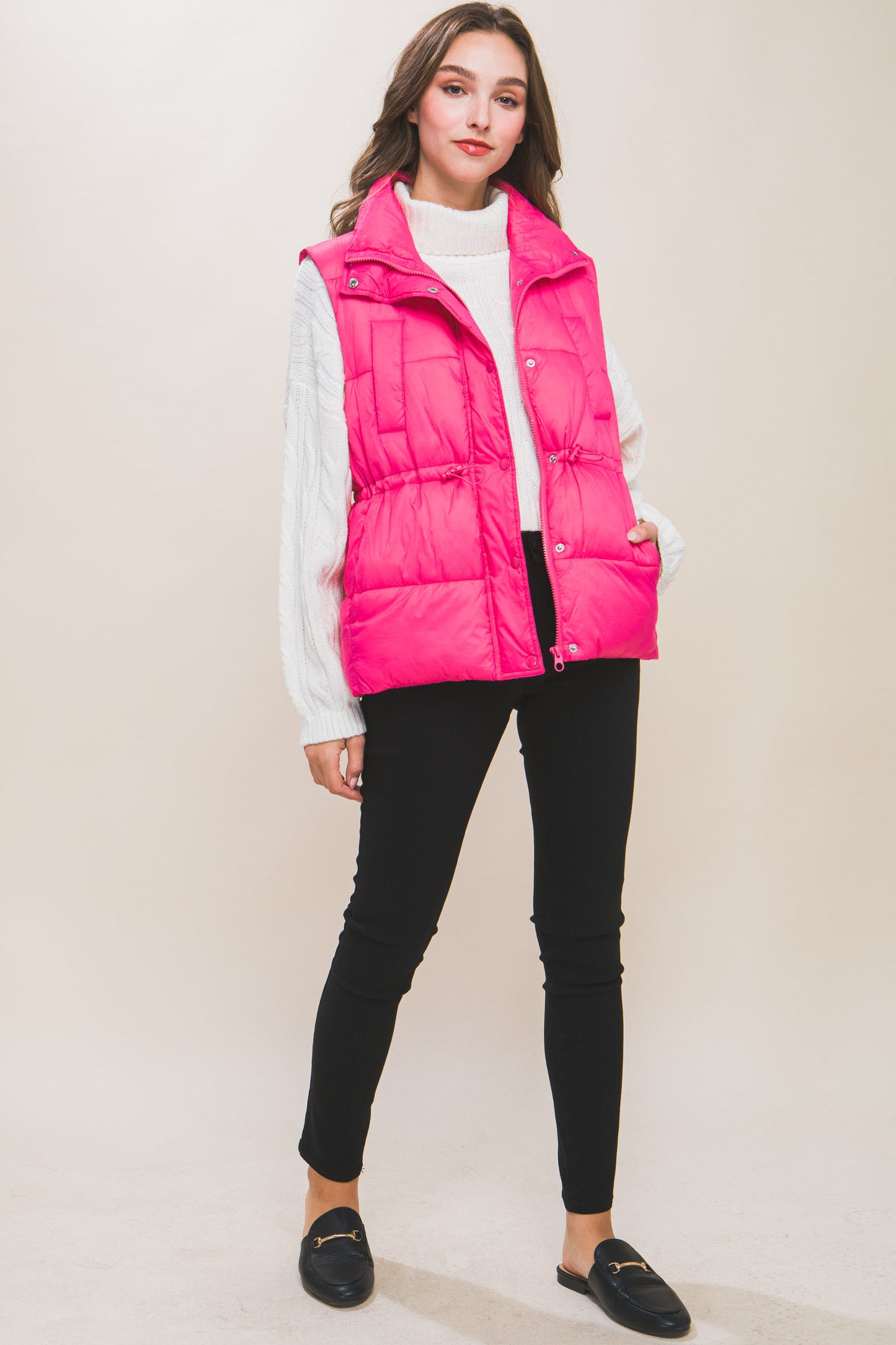 Fuchsia Zip Up Button Puffer Vest With Waist Toggles - Katherine Jean