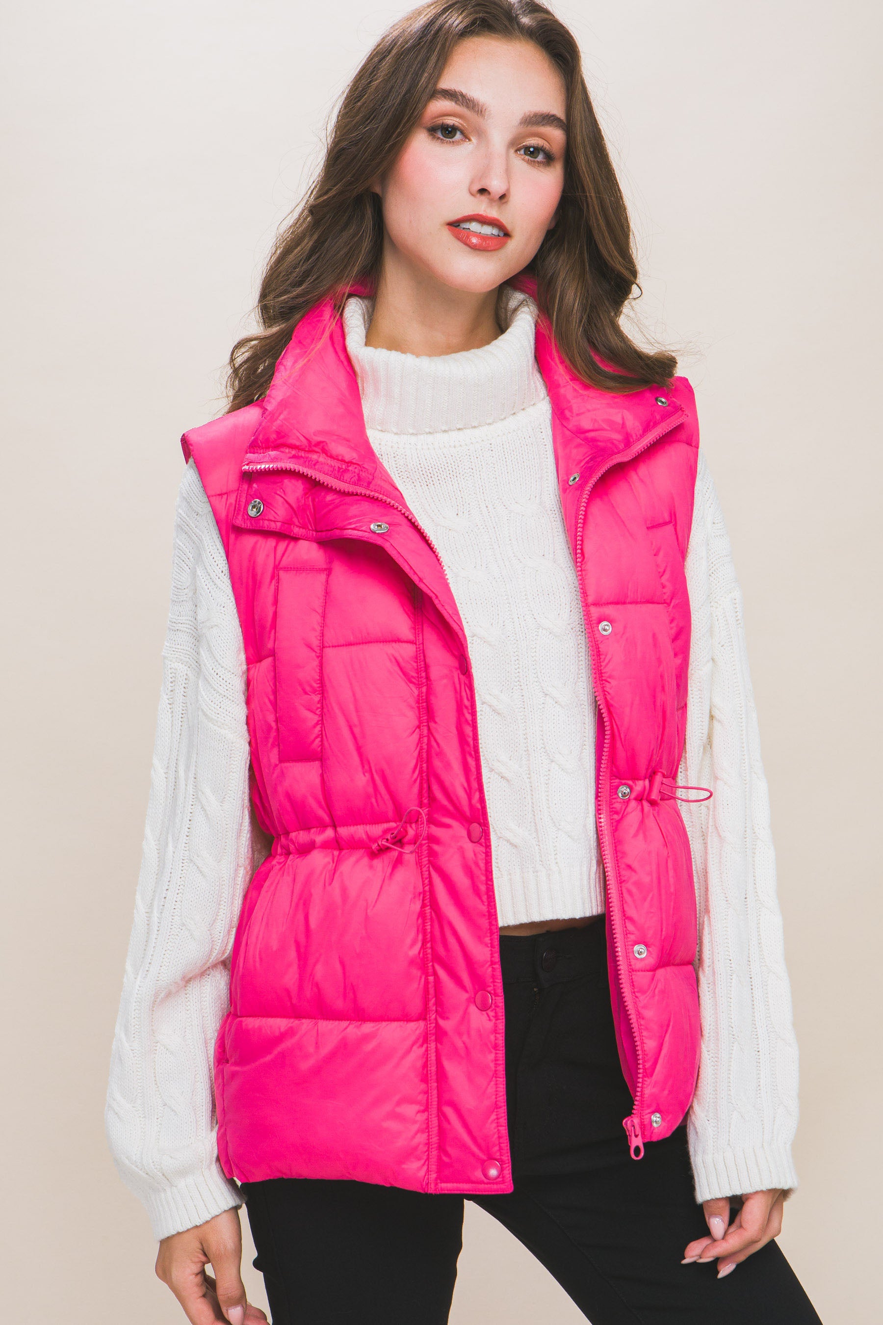 Fuchsia Zip Up Button Puffer Vest With Waist Toggles - Katherine Jean