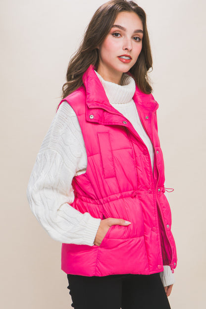 Fuchsia Zip Up Button Puffer Vest With Waist Toggles - Katherine Jean