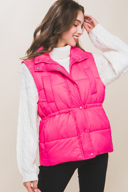 Fuchsia Zip Up Button Puffer Vest With Waist Toggles - Katherine Jean