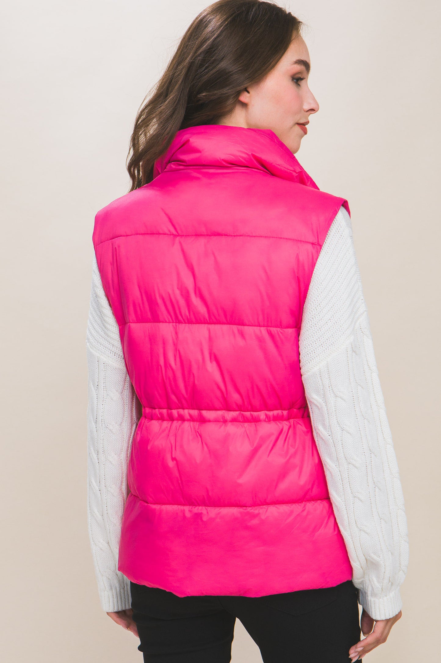 Fuchsia Zip Up Button Puffer Vest With Waist Toggles - Katherine Jean