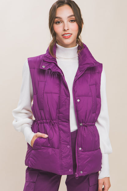 Violet Zip Up Button Puffer Vest With Waist Toggles - Katherine Jean