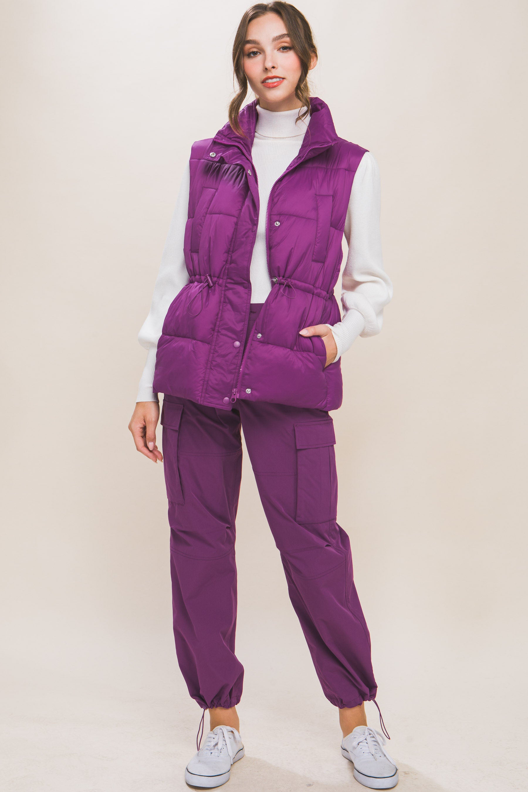 Violet Zip Up Button Puffer Vest With Waist Toggles - Katherine Jean