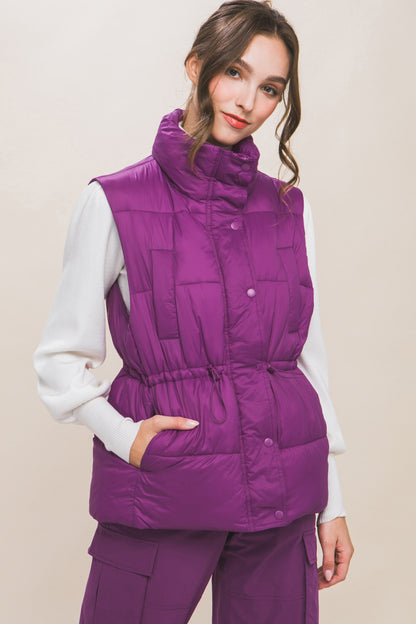 Violet Zip Up Button Puffer Vest With Waist Toggles - Katherine Jean