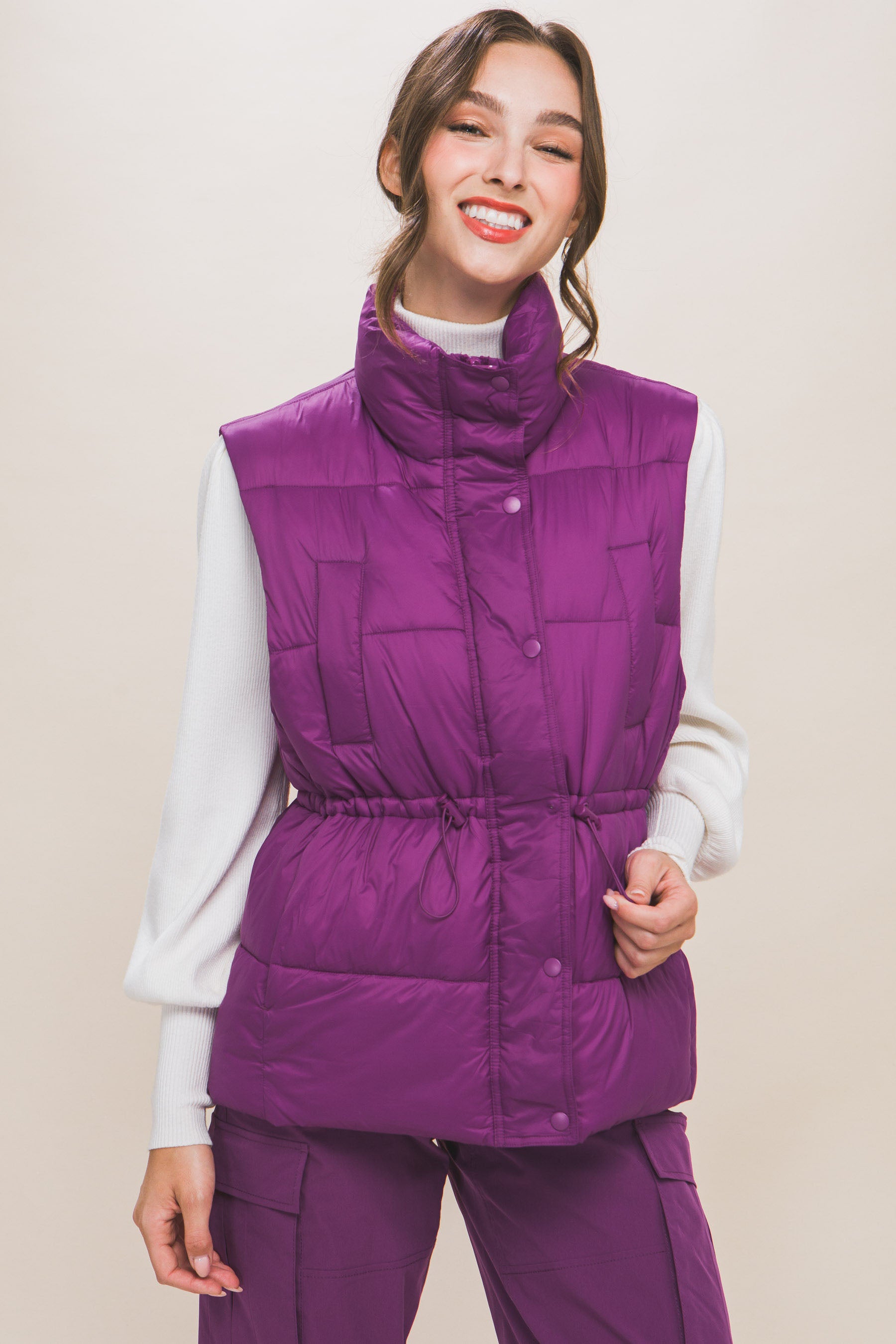 Violet Zip Up Button Puffer Vest With Waist Toggles - Katherine Jean