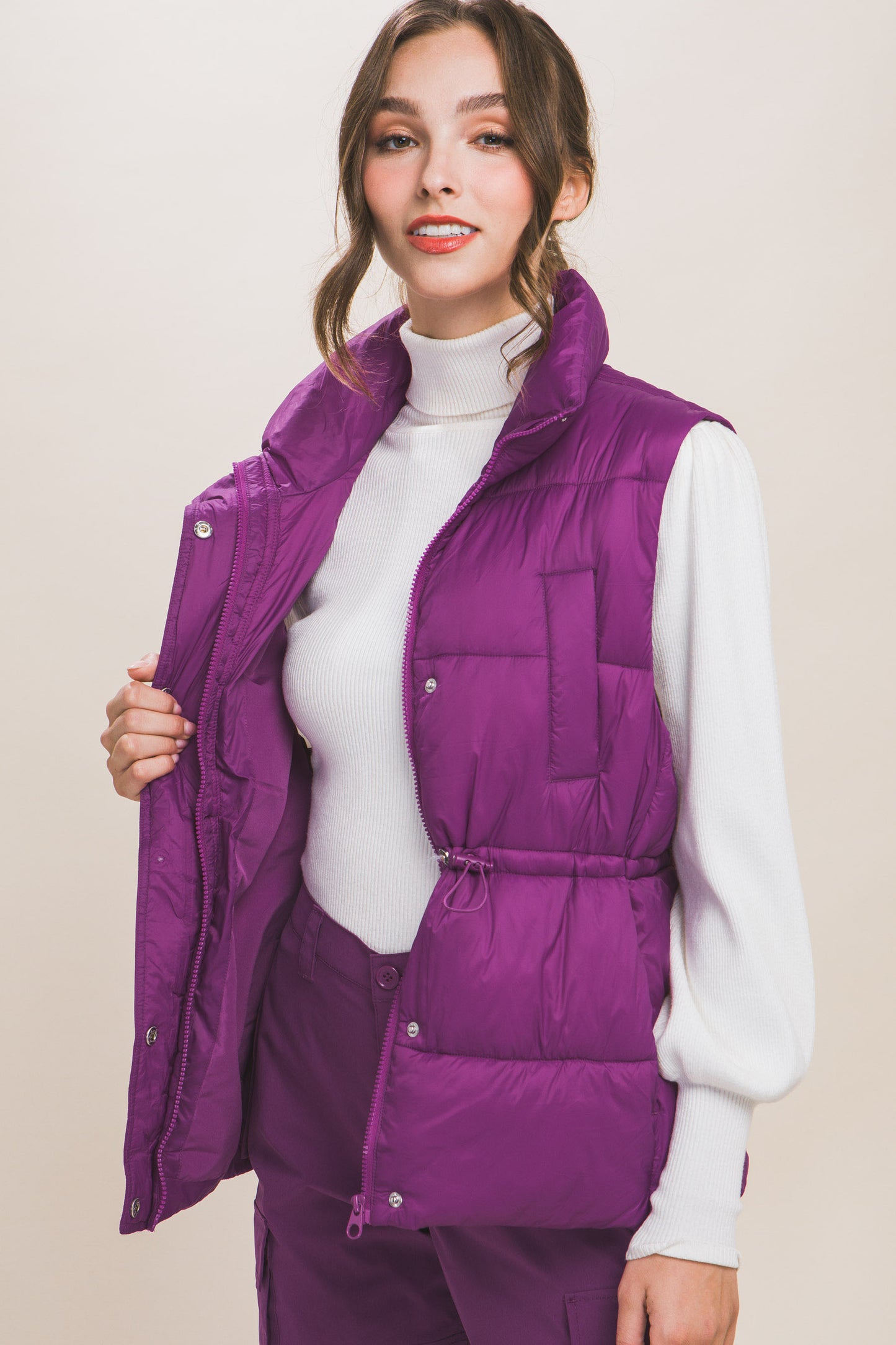 Violet Zip Up Button Puffer Vest With Waist Toggles - Katherine Jean