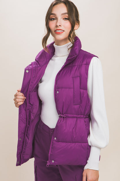 Violet Zip Up Button Puffer Vest With Waist Toggles - Katherine Jean