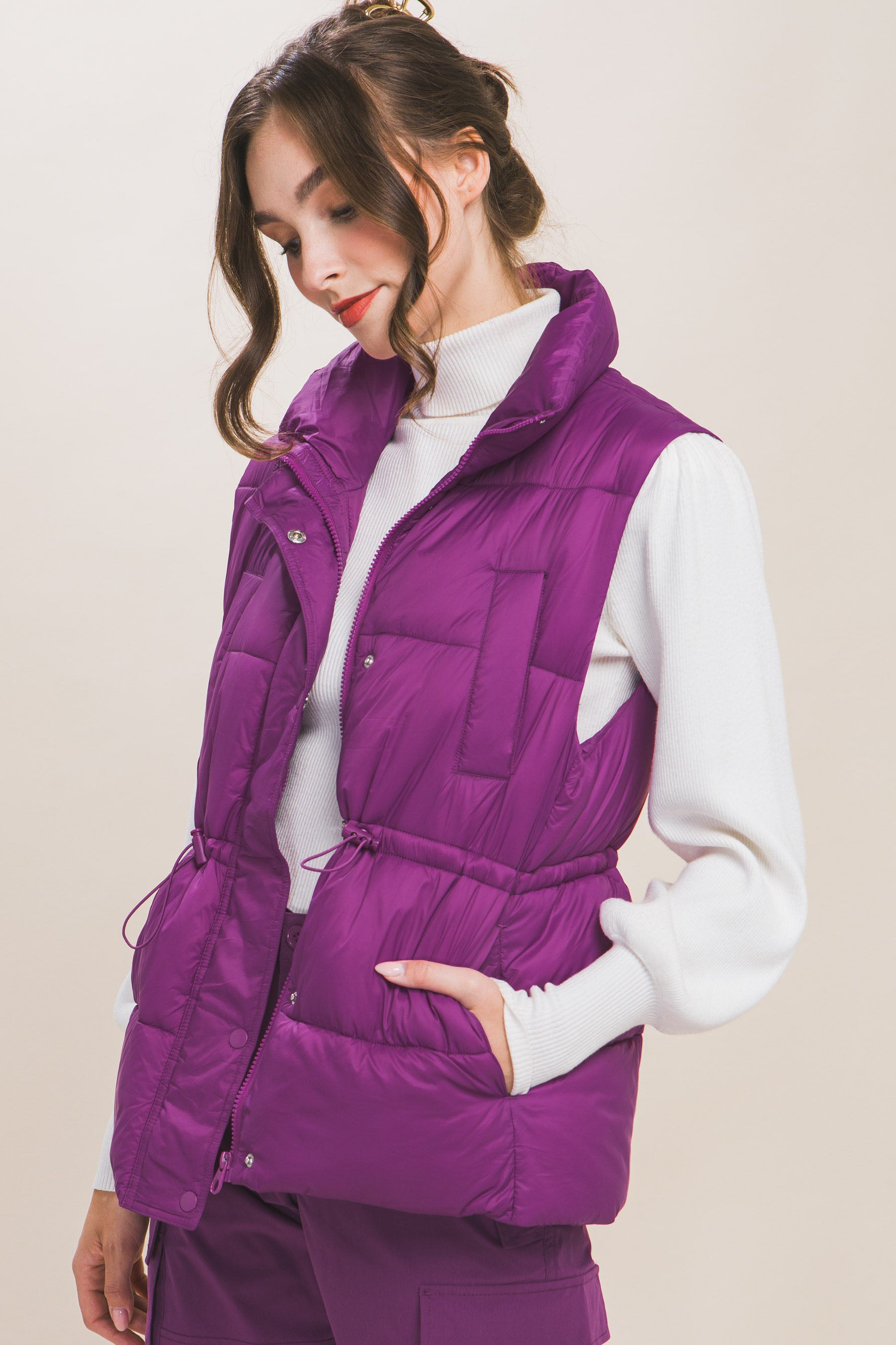 Violet Zip Up Button Puffer Vest With Waist Toggles - Katherine Jean