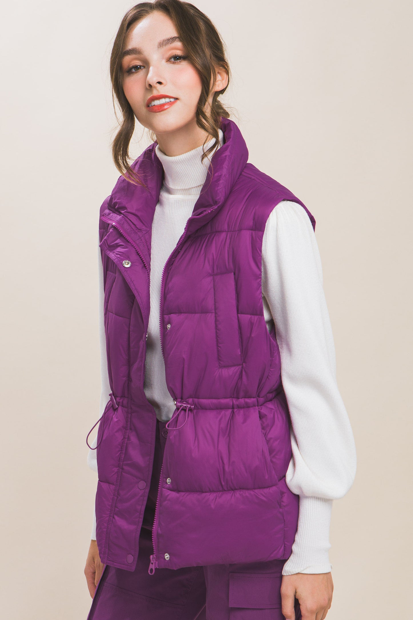 Violet Zip Up Button Puffer Vest With Waist Toggles - Katherine Jean