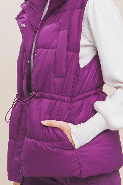 Violet Zip Up Button Puffer Vest With Waist Toggles - Katherine Jean