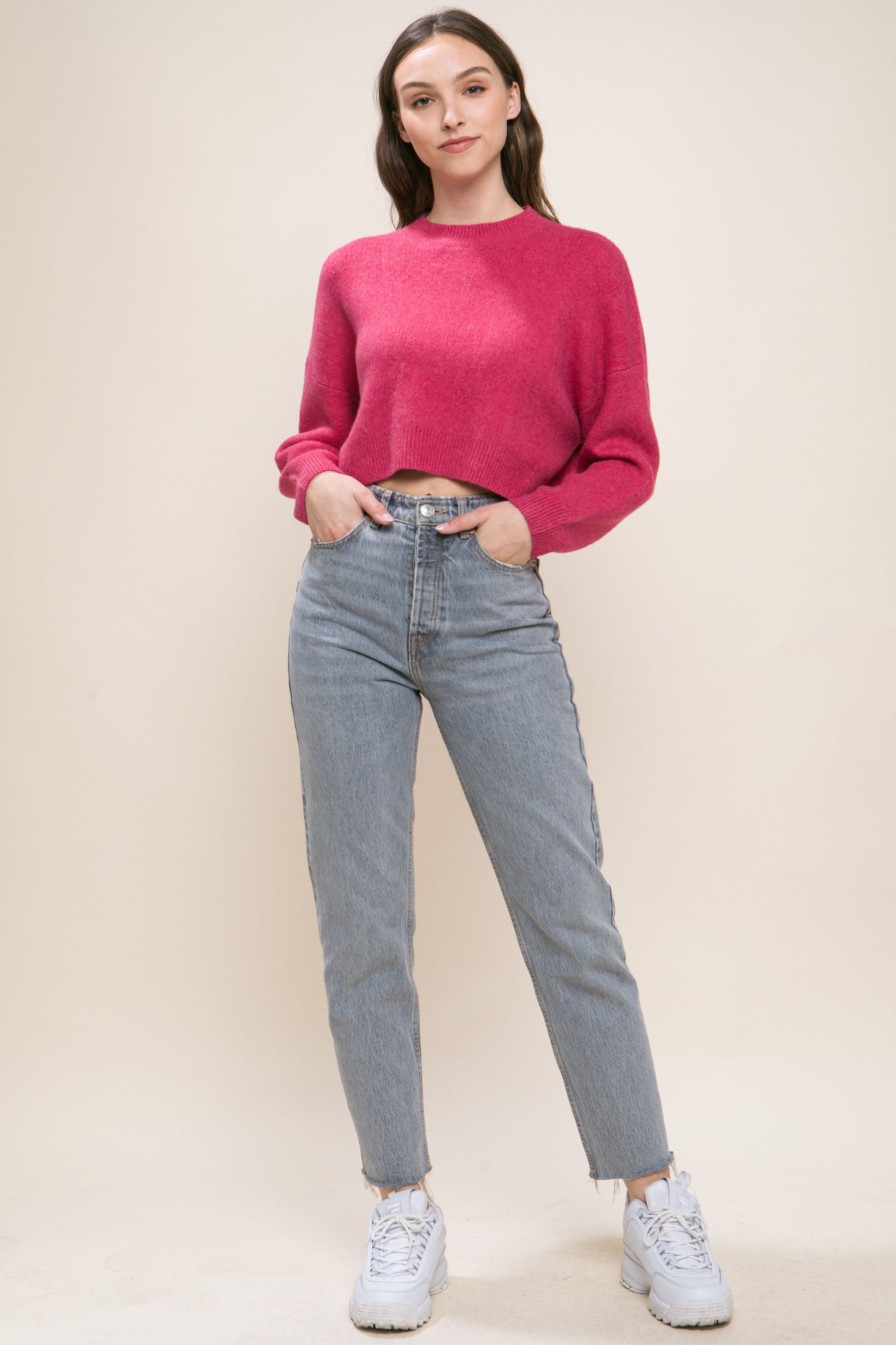 Fuchsia Wool Blend Cropped Sweater Top - Katherine Jean