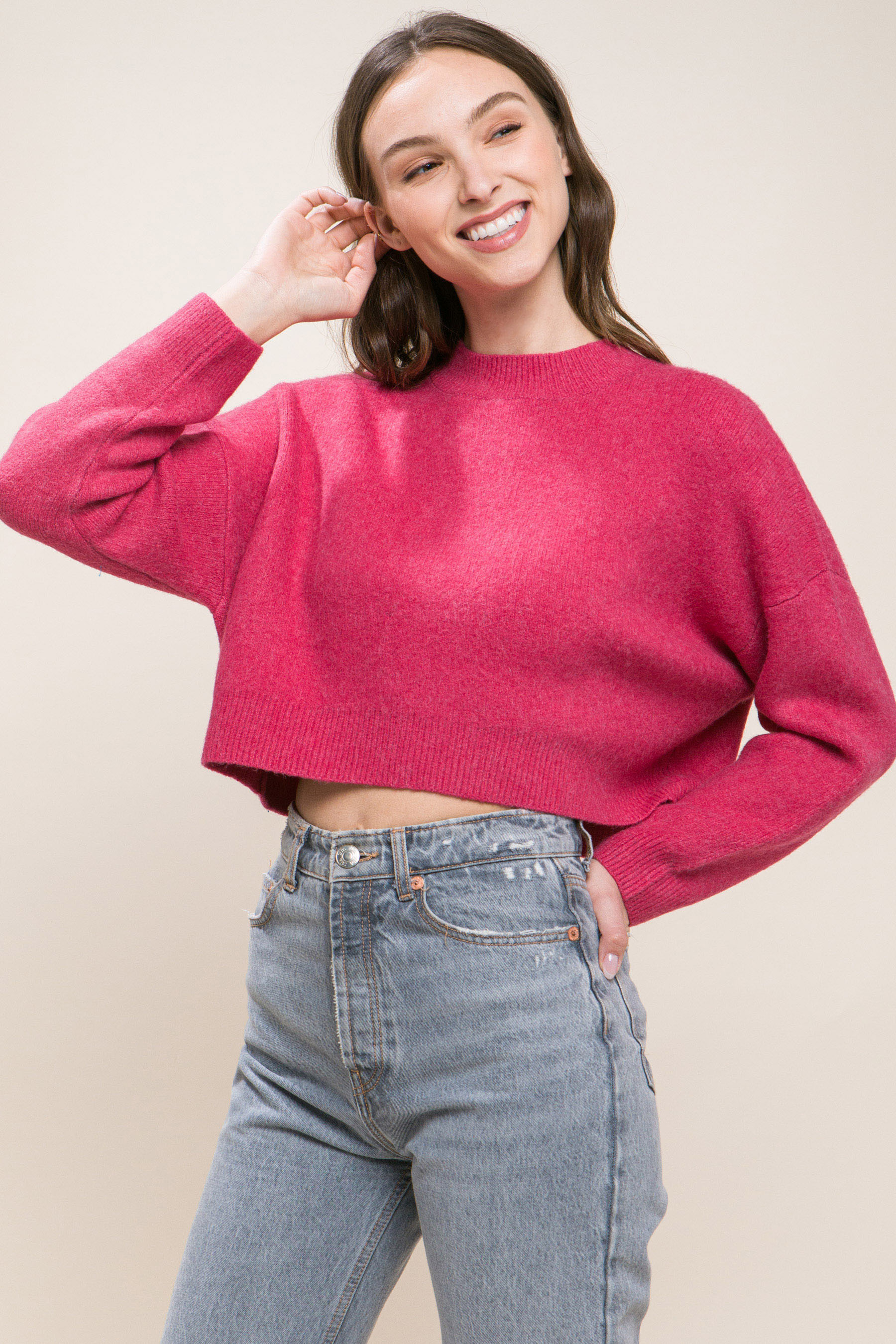 Fuchsia Wool Blend Cropped Sweater Top - Katherine Jean