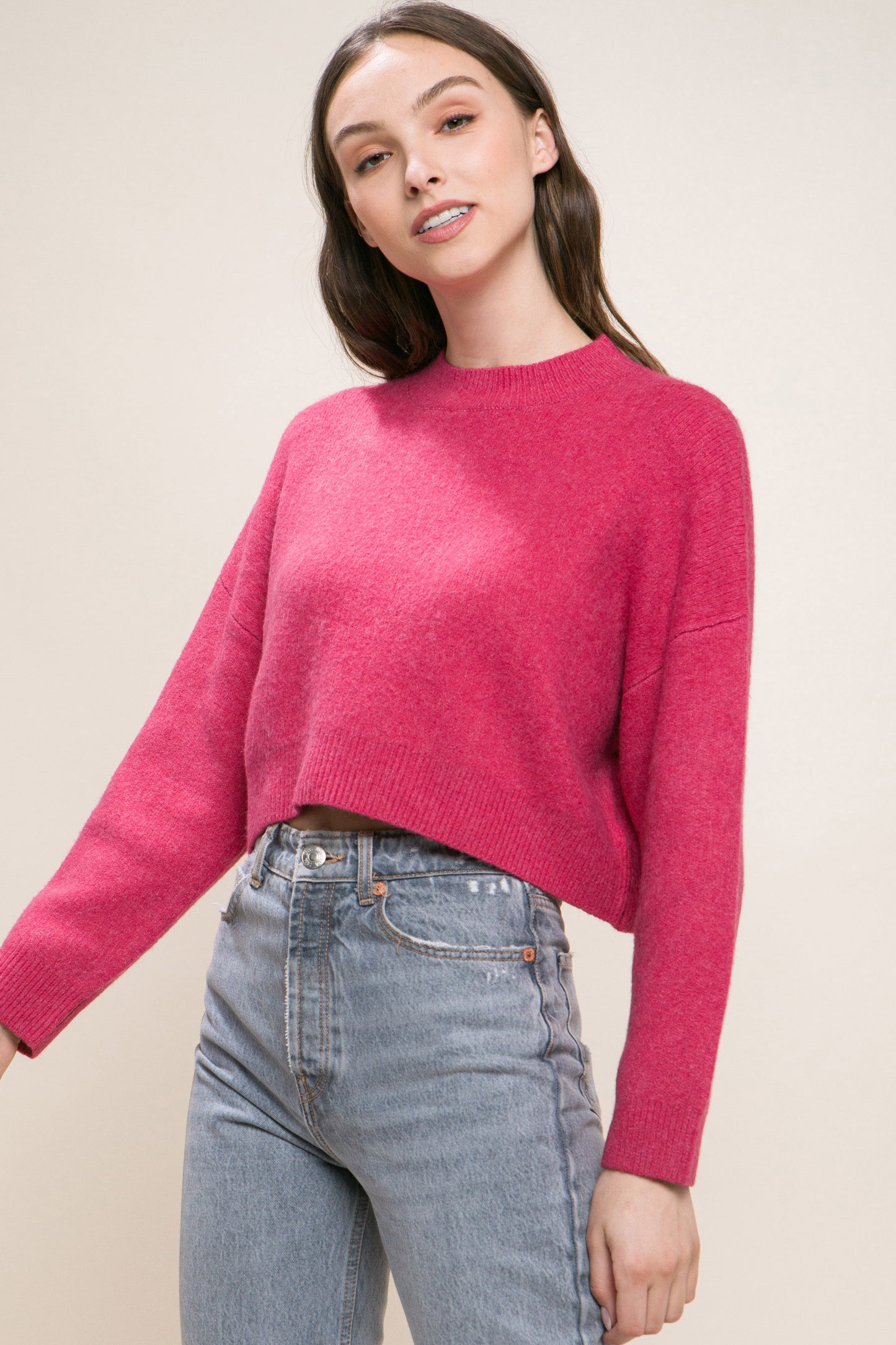 Fuchsia Wool Blend Cropped Sweater Top - Katherine Jean