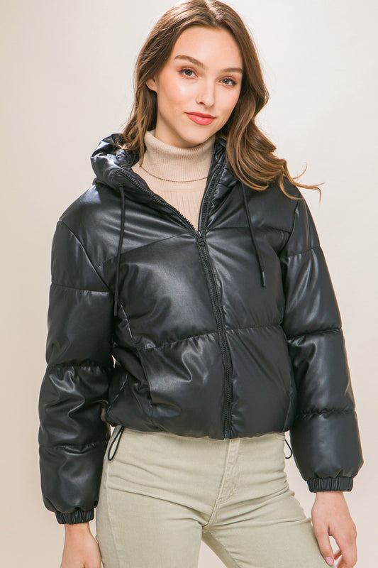 Black Faux Leather Zipper Hooded Puffer Jacket - Katherine Jean