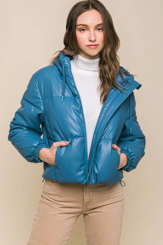 Azure Faux Leather Zipper Hooded Puffer Jacket - Katherine Jean