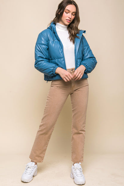 Azure Faux Leather Zipper Hooded Puffer Jacket - Katherine Jean