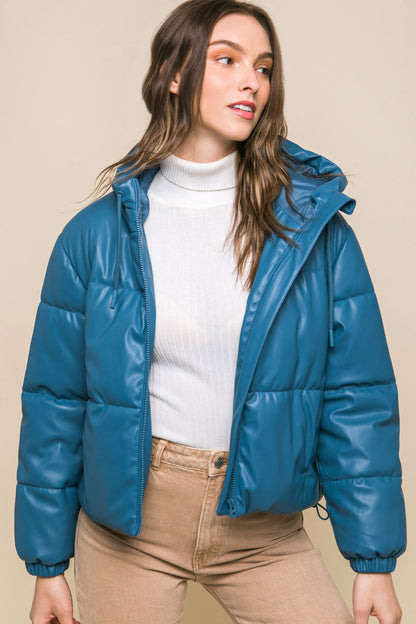 Azure Faux Leather Zipper Hooded Puffer Jacket - Katherine Jean