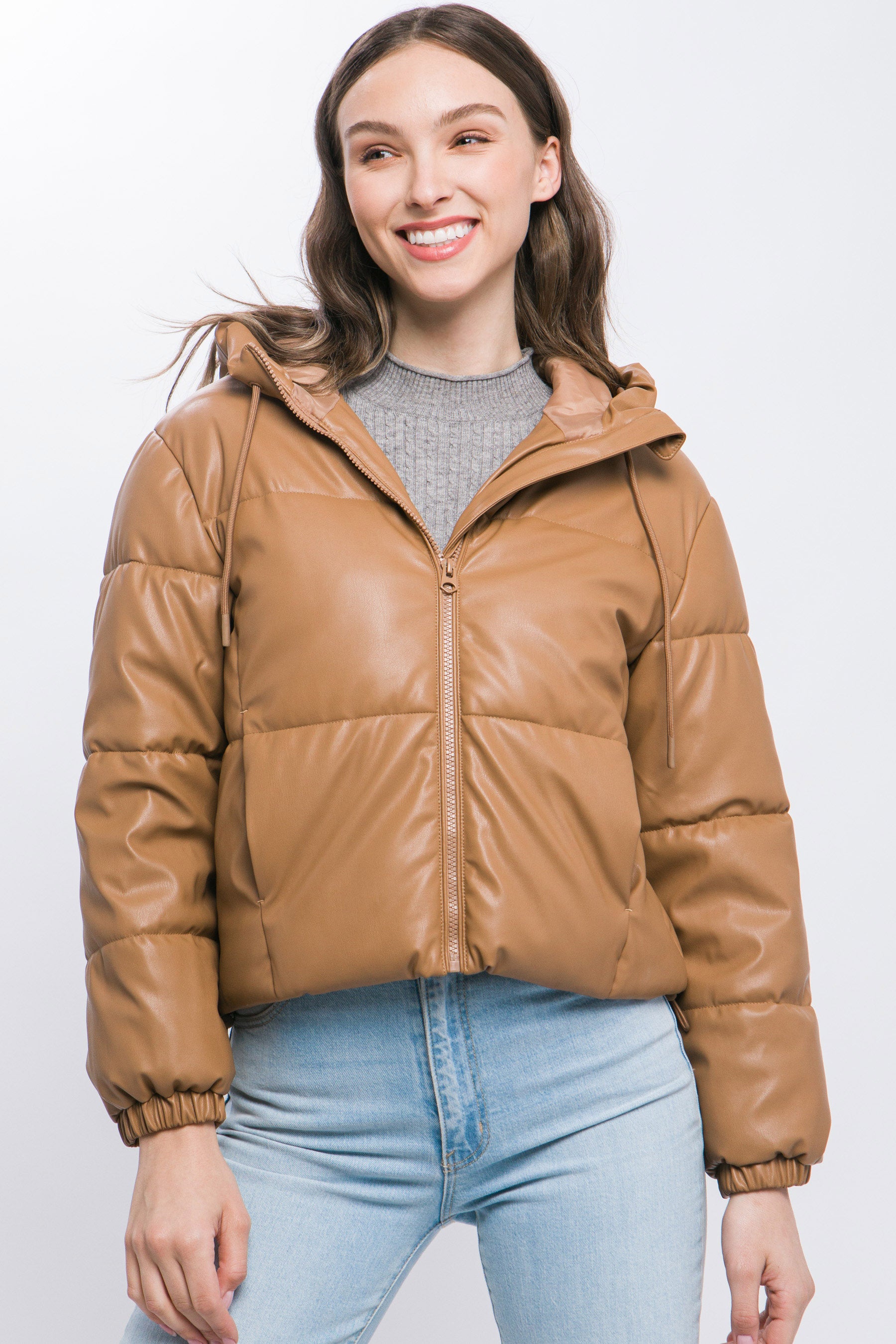 Camel Faux Leather Zipper Hooded Puffer Jacket - Katherine Jean