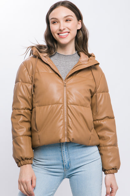 Camel Faux Leather Zipper Hooded Puffer Jacket - Katherine Jean