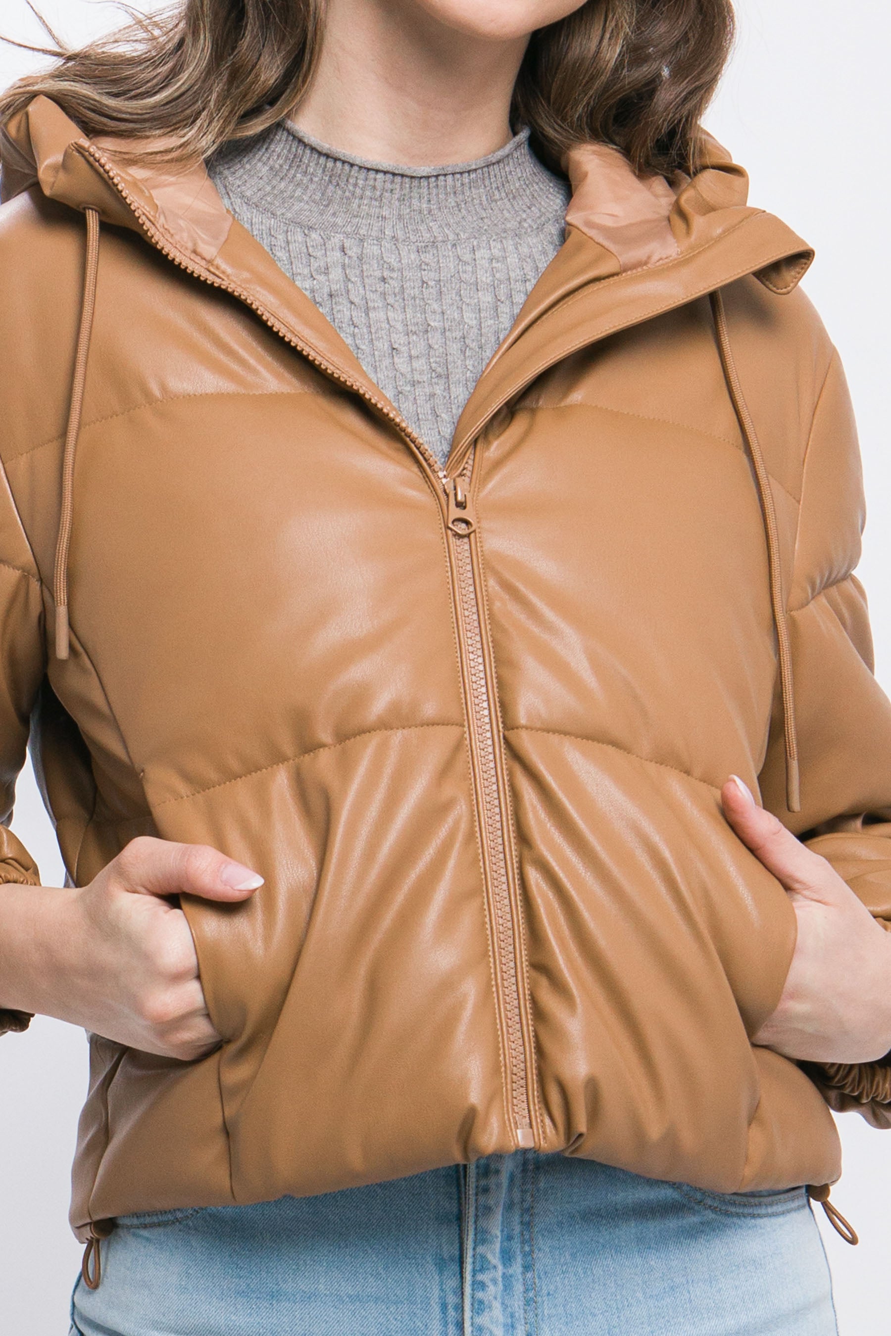Camel Faux Leather Zipper Hooded Puffer Jacket - Katherine Jean