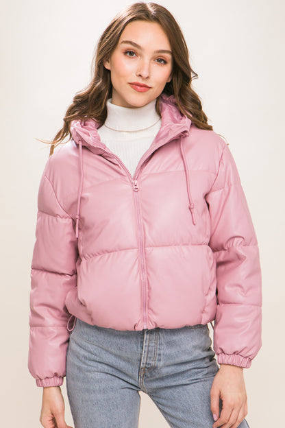 Pink Faux Leather Zipper Hooded Puffer Jacket - Katherine Jean