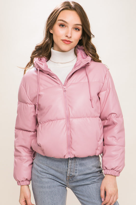 Pink Faux Leather Zipper Hooded Puffer Jacket - Katherine Jean