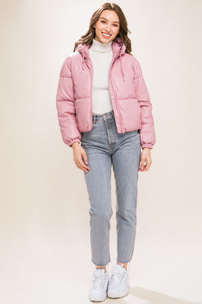 Pink Faux Leather Zipper Hooded Puffer Jacket - Katherine Jean