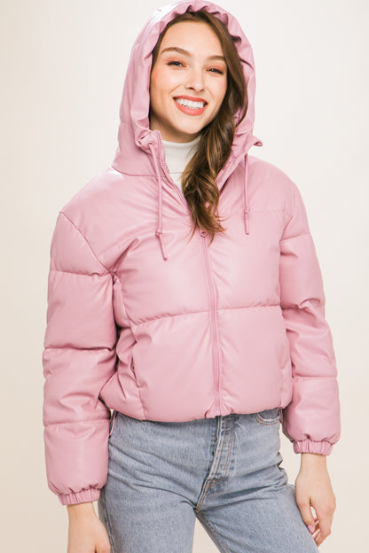 Pink Faux Leather Zipper Hooded Puffer Jacket - Katherine Jean