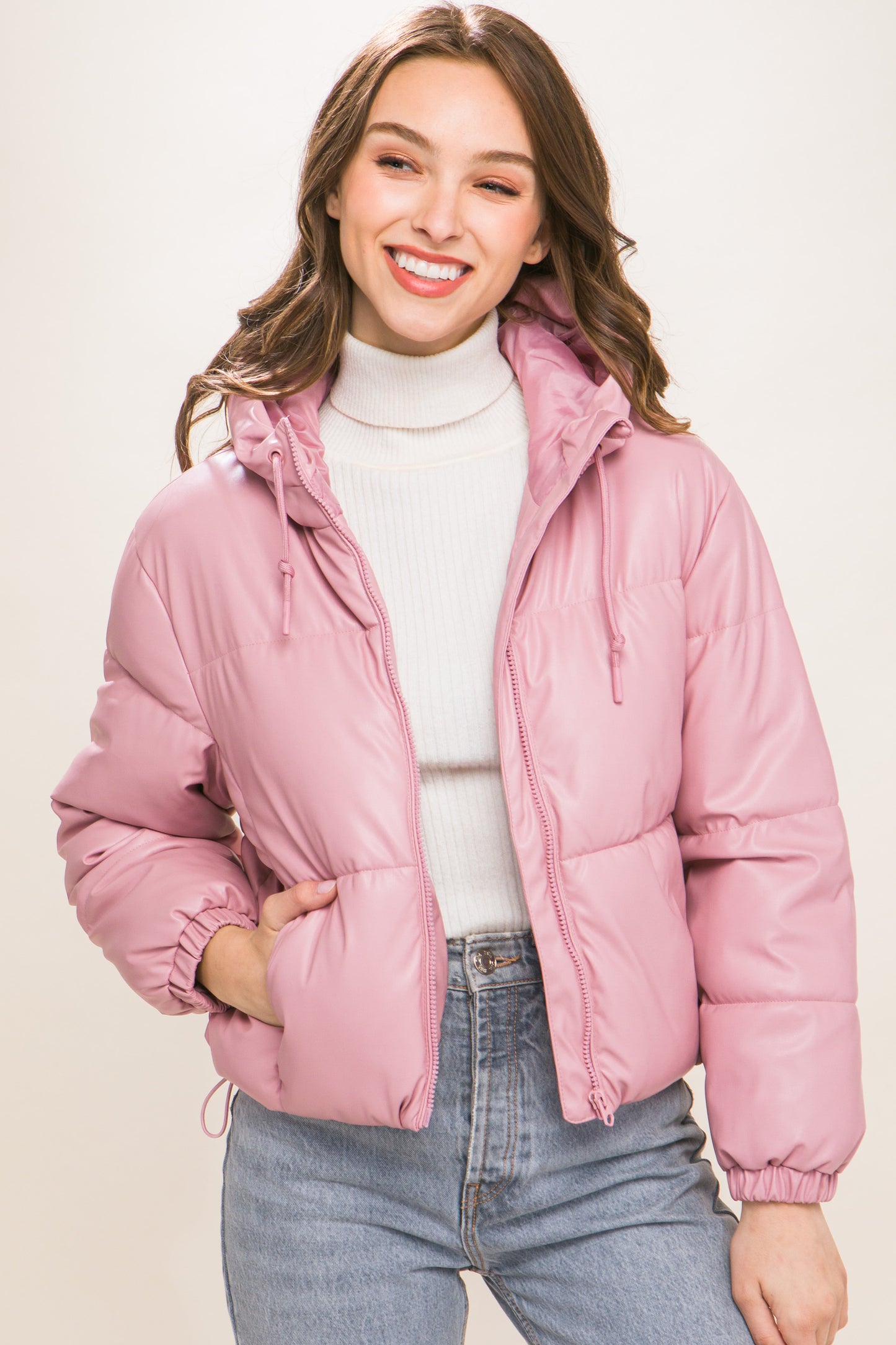 Pink Faux Leather Zipper Hooded Puffer Jacket - Katherine Jean