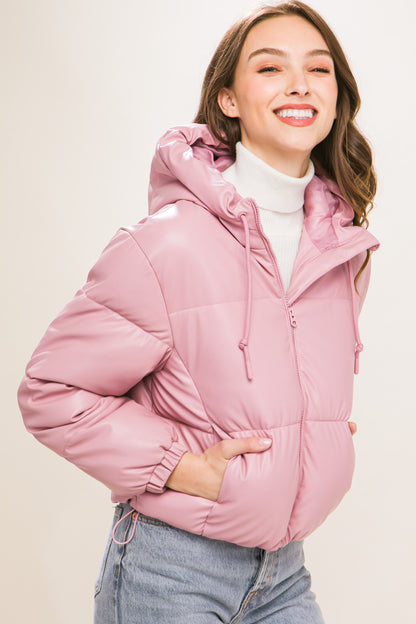 Pink Faux Leather Zipper Hooded Puffer Jacket - Katherine Jean
