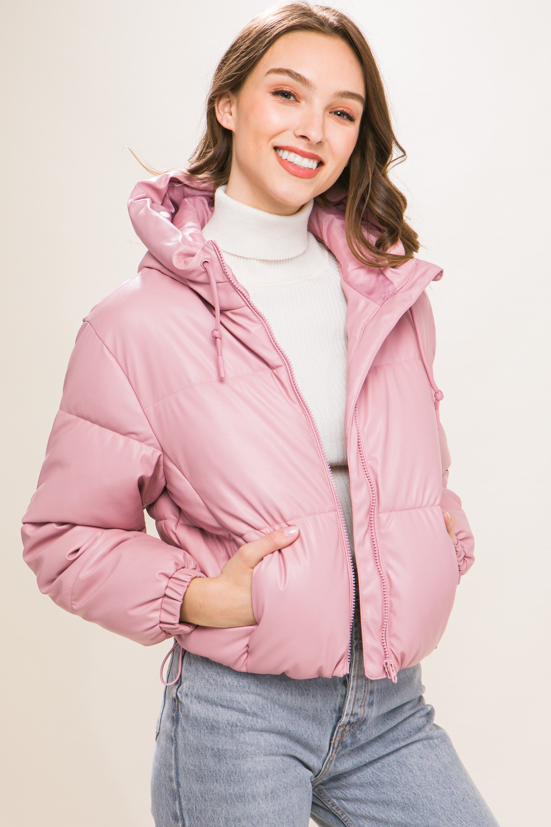 Pink Faux Leather Zipper Hooded Puffer Jacket - Katherine Jean