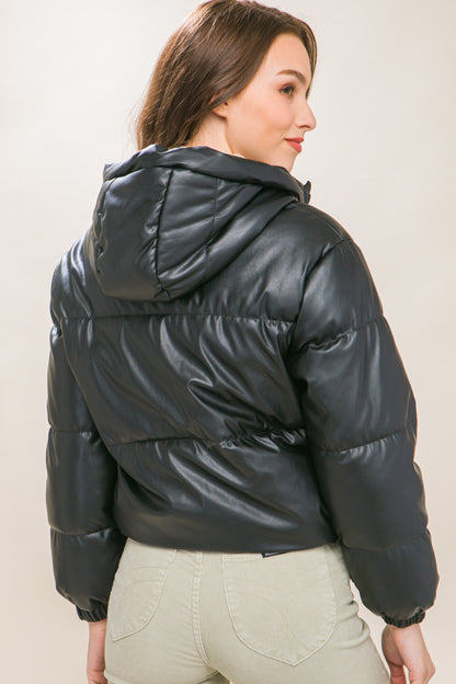 Black Faux Leather Zipper Hooded Puffer Jacket - Katherine Jean