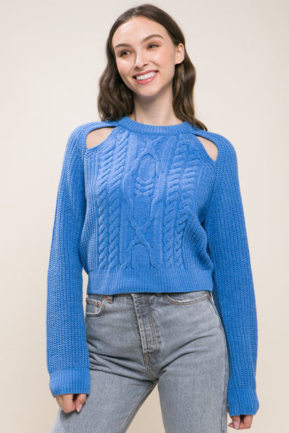 Blue Knit Pullover Sweater With Cold Shoulder Detail - Katherine Jean