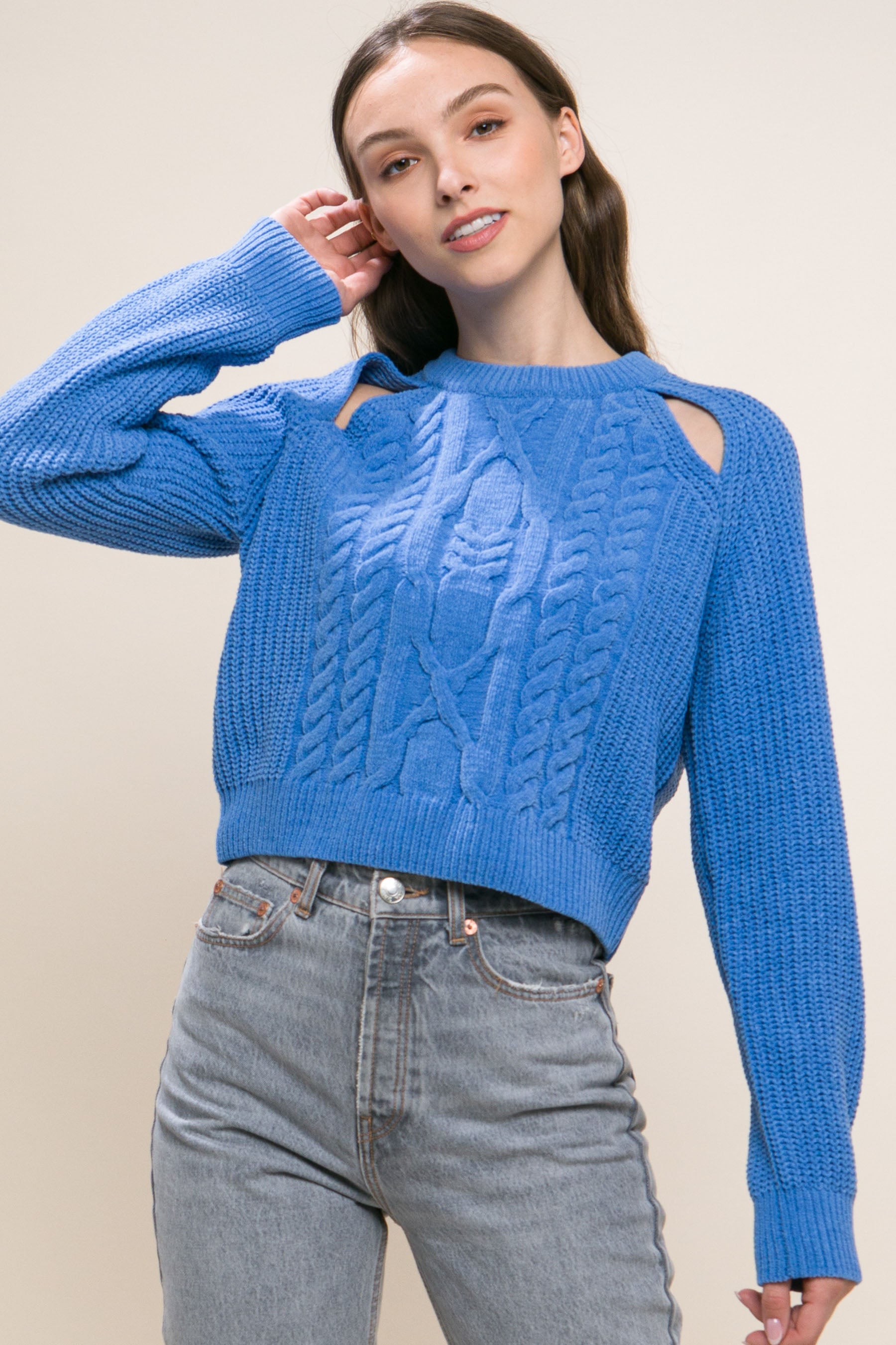 Blue Knit Pullover Sweater With Cold Shoulder Detail - Katherine Jean