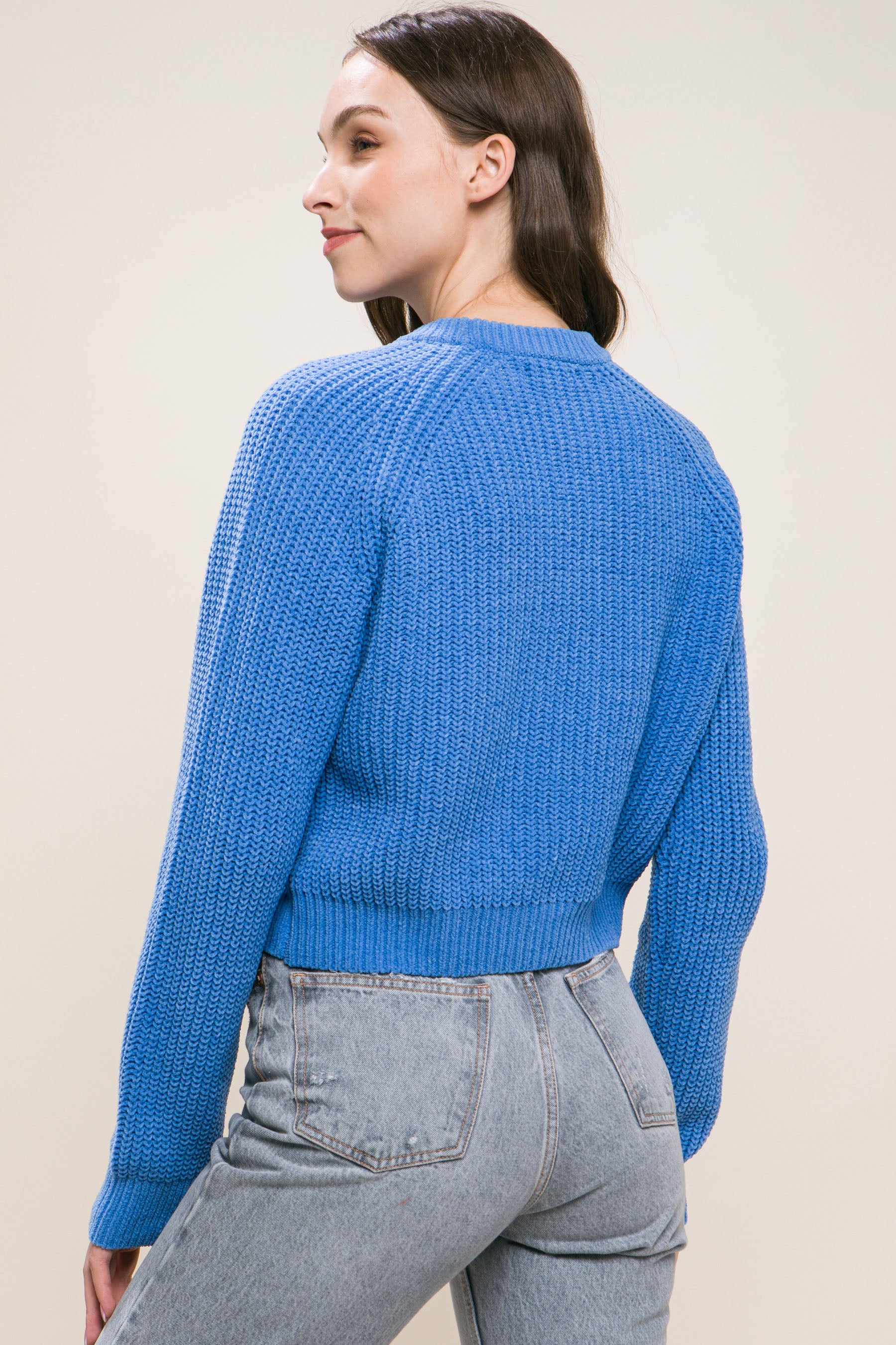 Blue Knit Pullover Sweater With Cold Shoulder Detail - Katherine Jean