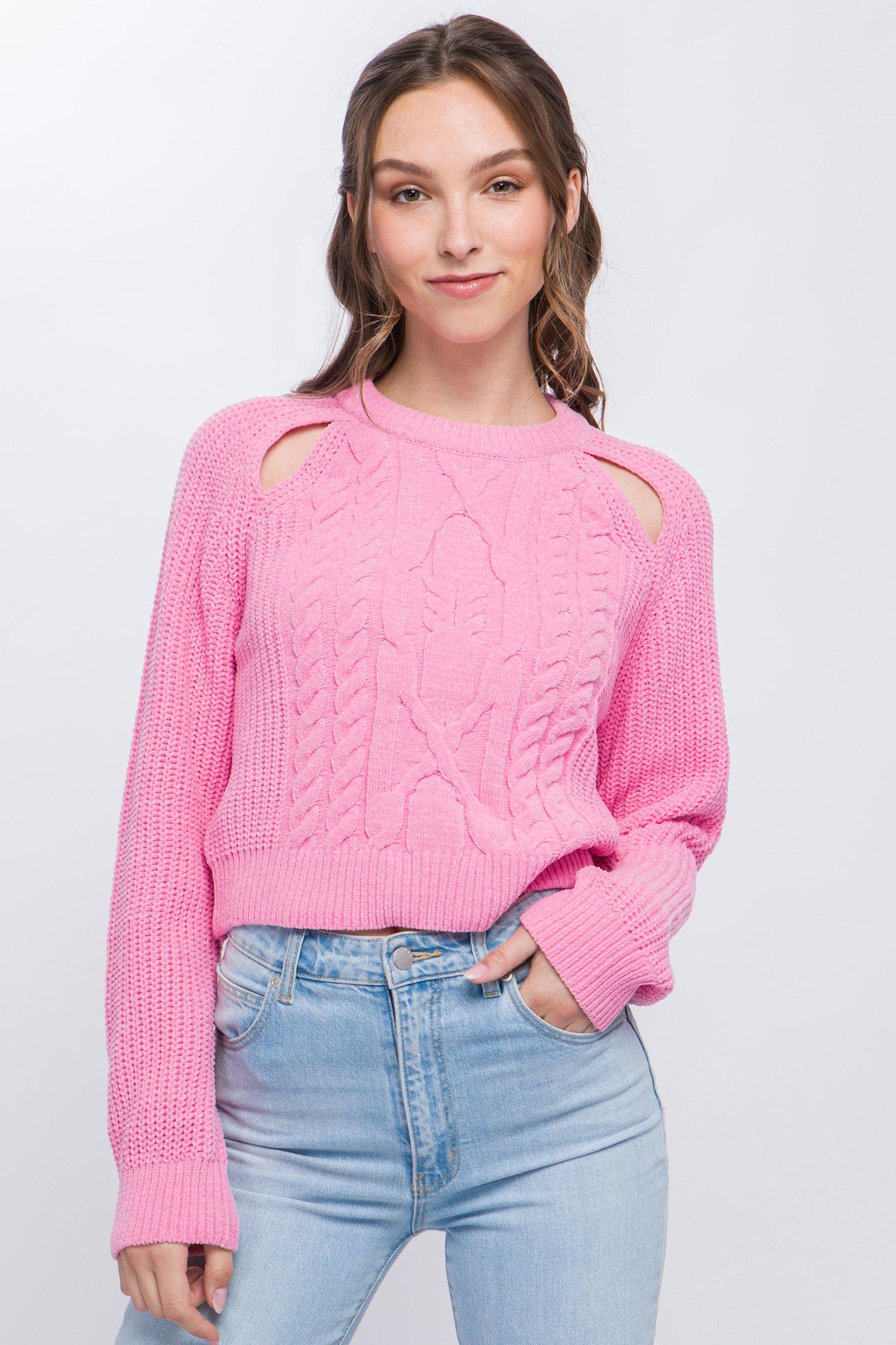 Pink Knit Pullover Sweater With Cold Shoulder Detail - Katherine Jean