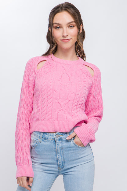 Pink Knit Pullover Sweater With Cold Shoulder Detail - Katherine Jean