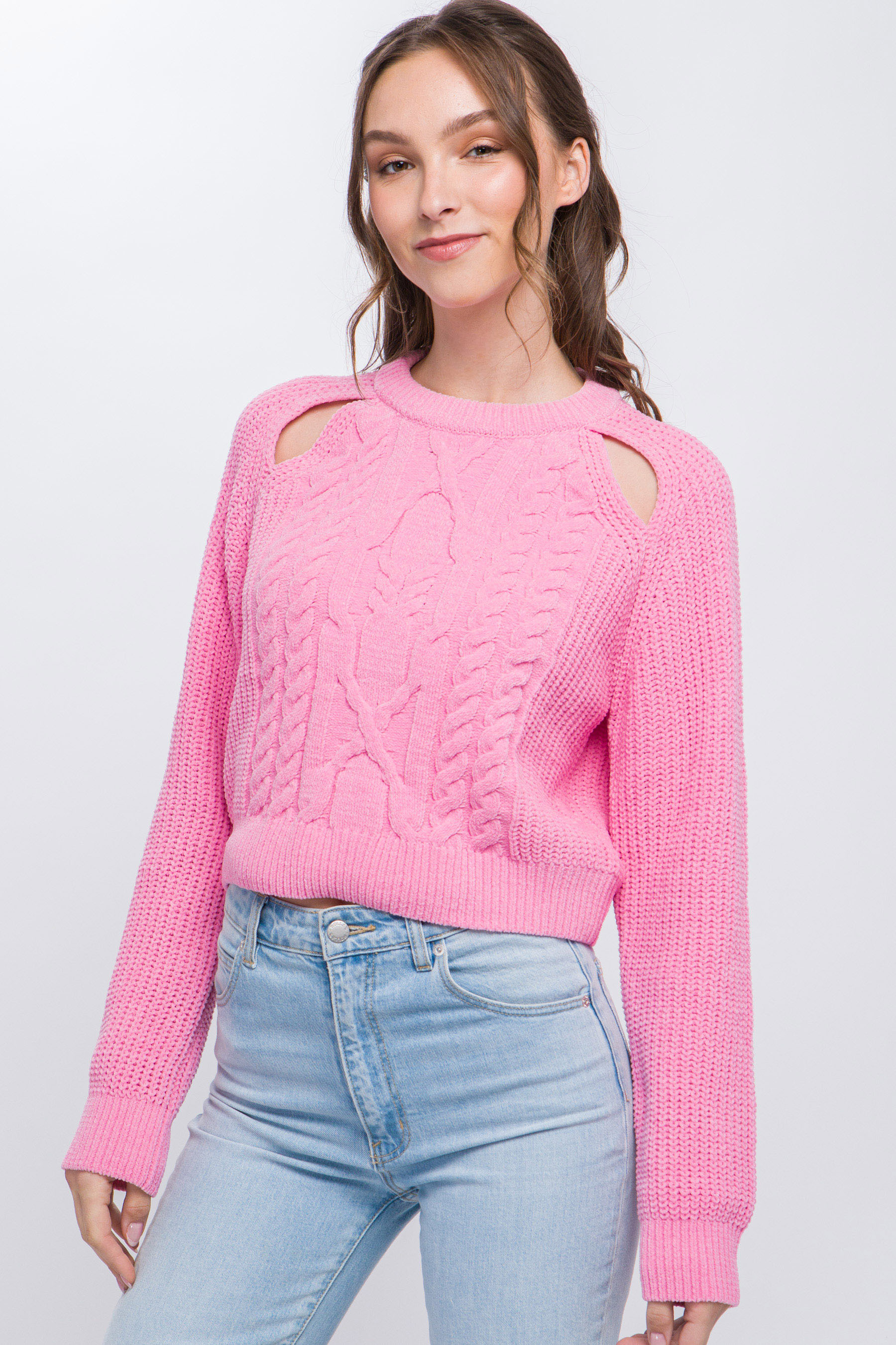 Pink Knit Pullover Sweater With Cold Shoulder Detail - Katherine Jean