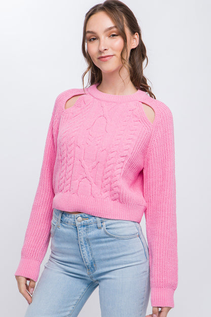 Pink Knit Pullover Sweater With Cold Shoulder Detail - Katherine Jean
