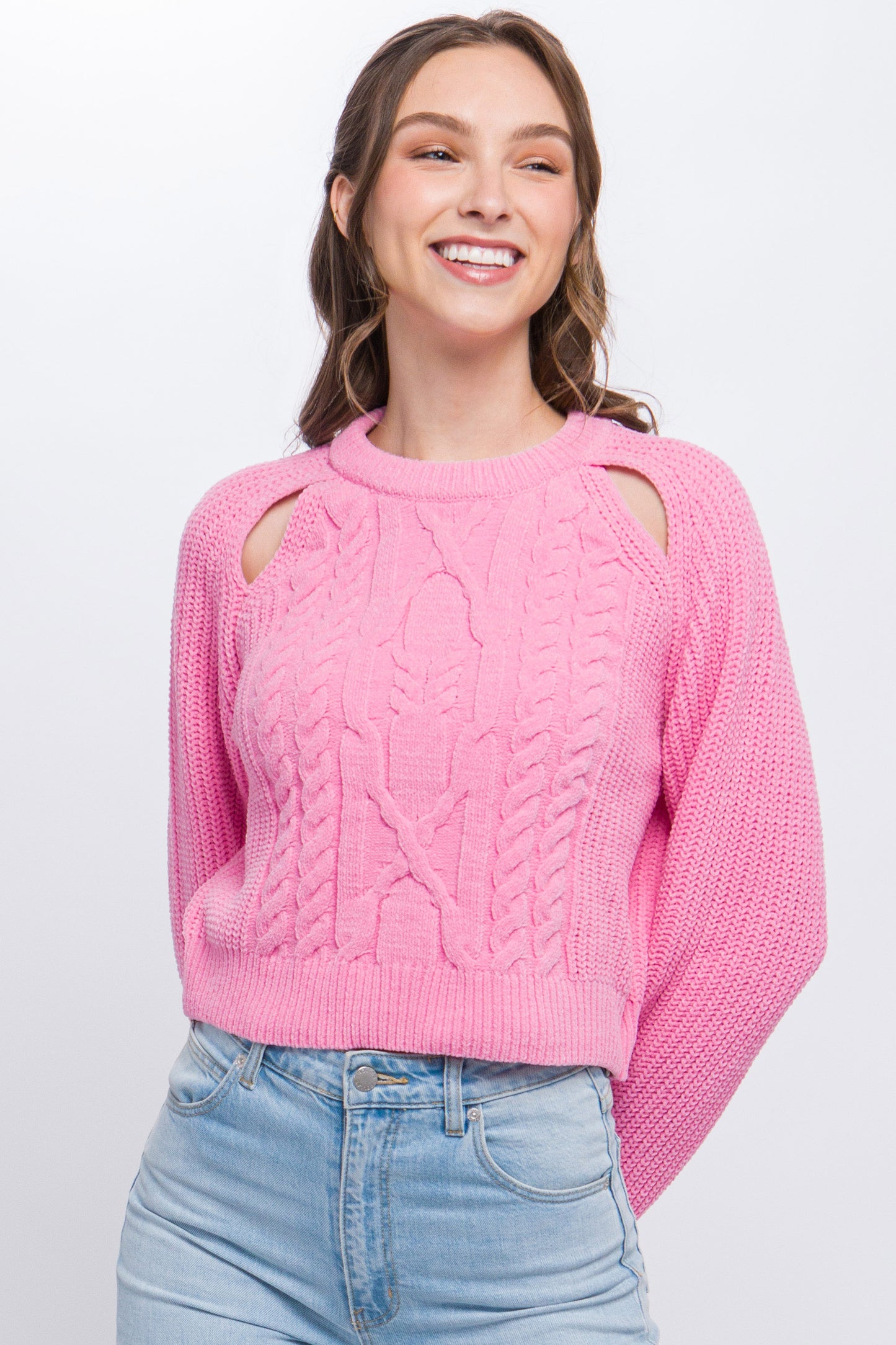 Pink Knit Pullover Sweater With Cold Shoulder Detail - Katherine Jean