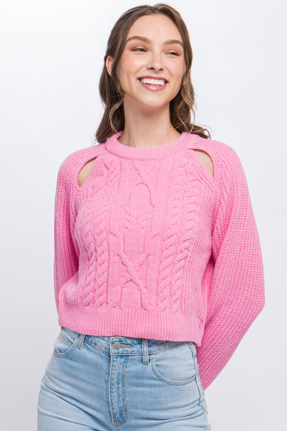Pink Knit Pullover Sweater With Cold Shoulder Detail - Katherine Jean