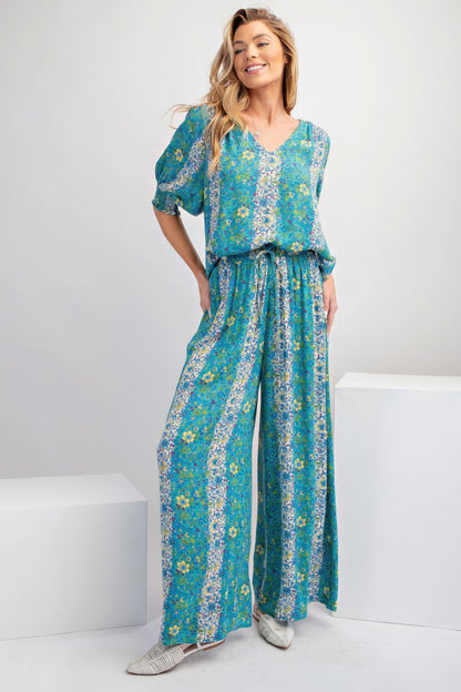 Blue Floral Print Gauze Palazzo Pants - Katherine Jean